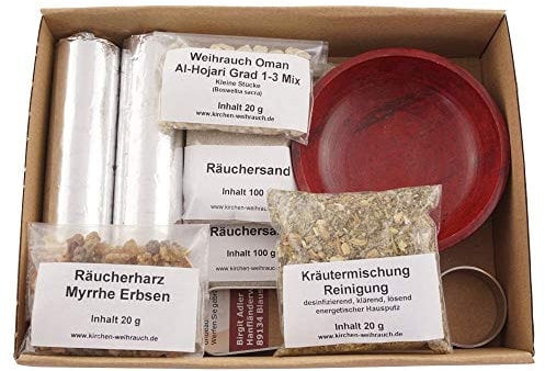 Räucherset „Hausreinigung“ – 9 TLG. – Kräuter-Mischung Reinigung m. Weihrauch Oman Al-Hojari u. Räucherharz Myrrhe - Räucherschale u. Zubehör mit Anleitung – Geschenkkarton (Rote Speckstein-Schale)