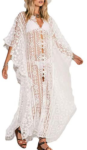 Bsubseach White Mesh Embroidered Long Beach Dress Women V Neck Side Slit Swimsuit Swimwear Cover Up