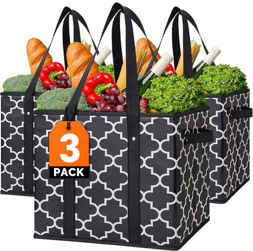 WISELIFE Reusable Grocery Bags 3-Pack Foldable Washable Large Storage Bins Basket Water Resistant Shopping Tote Bag Black