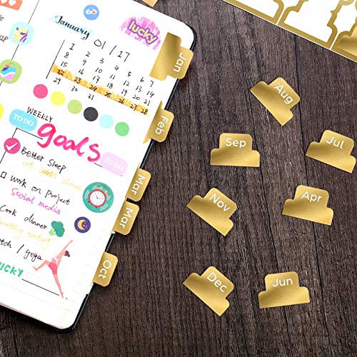 24 Stücke Klebend Tabs Designer Zubehör Monatliche Registerkarten Planer Aufkleber Dekorativ Monatlich Index Tab zum Büro Studie Planer Organisationen (Gold)