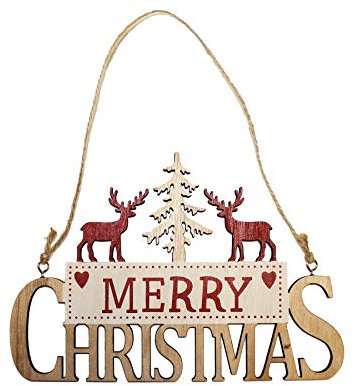 Letrero colgante de madera con renos y árbol, diseño de feliz Navidad, color rojo