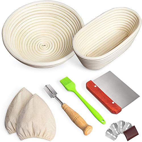 Brotgärkörbe, 2er-Set, 22,9 cm, rund und 25,4 cm, oval, für Sauerteig, Brotlame, Teigschaber, Leineneinsatz, Backpinsel für Brot, Backen, Gärung