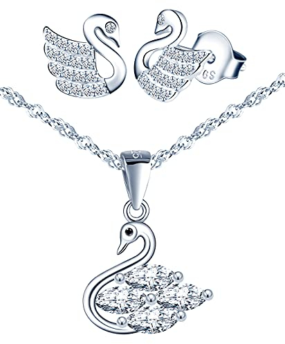 Yumilok Schmuckset für Damen Halskette & Ohrringe Set Schwan Kette Ohrstecker in 925 Sterling Silber Zirkonia Valentinstag Geburtstag