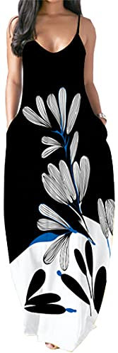 PADOLA Robe Femme Chic et Elegant Bohème Robe avec Poche Bretelles Spaghetti Maxi Robe Floral Robe de Plage Longue été Décontractée Robe Vintage Grande Taille sans Manche (6 Fleur Blanche, XXL)