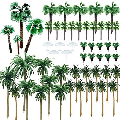 NA Woohome 44 Stück Modellbau Bäume Miniatur Palme Kunststoff, Mini Palme Kokosnuss Kunststoff mit 5 Stück Mini Regenschirm für DIY Landschaft Gartendeko, Modelllandschaft (Style 1)