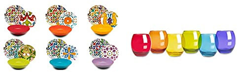 Excelsa Lisbona Servizio Piatti 18 Pezzi, Porcellana E Ceramica, Multicolore & San Josè Set 6 Bicchieri Acqua, Vetro, Multicolore