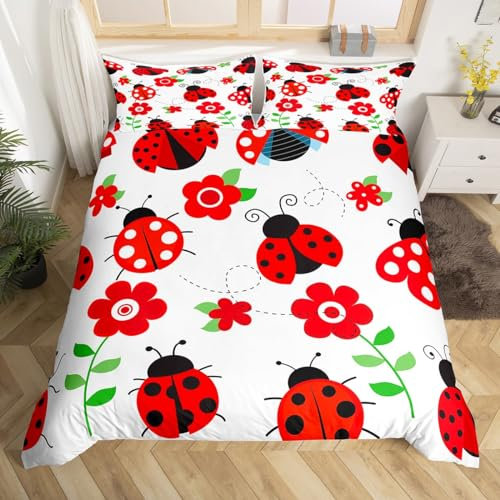 Castle Fairy Süßes Marienkäfer-Bettwäsche-Set, Cartoon-Käfer-Bettbezug für Kinder, Teenager, Jungen, Mädchen, rotes Blumenmuster und Tier, dekorativer Raum, Entomologie-Bettbezug mit 2 Kissenbezügen,