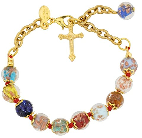 Glass Of Venice Murano-Glas-Rosenkranz-Armband, italienische Sommerso-Perlen, mehrfarbig – Perlen-Kreuz-Armband, katholischer Rosenkranz, handgefertigt aus geblasenem Glas – religiöses Geschenk-Armban