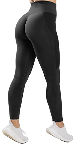 Damen Hohe Taille Sport Leggings Blickdicht Scrunch Butt Sporthose Slim Fit Yogahose mit BauchkontrolleNahtlose Push Up Booty Leggins Hose Laufhose Tight für zum Fitness Laufen Radfahren(Schwarz,M)