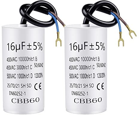 2 Stück Kondensator CBB60 16µF 450V 50/60 Hz Arbeitskondensator mit 20cm Anschlußkabel und Kabelschuhe Anlaufkondensator Motorstartkondensator 16uF | 74x37mm