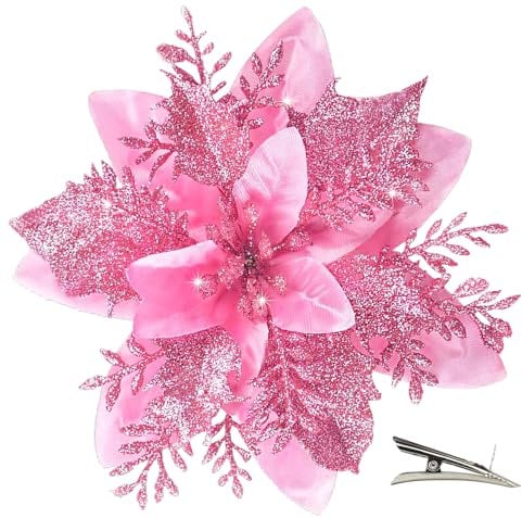 MIKAILE 20 Stück Weihnachten Glitzer Weihnachtsstern Blumen mit Clips, Poinsettia Weihnachtsblume Glitzernde für Weihnachtsbaum Dekorationen (Rosa)