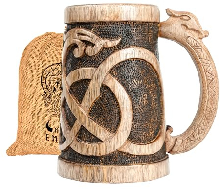 NORSE EMPIRE Premium Wooden Beer Mug 20Oz Urnes Style 100% Handcrafted Beer Stein Wine accessories Viking Gifts Medieval Gift Sack Tankard Christmas Coffee Cups Vikings Mug Food Safe