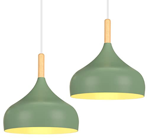 iDEGU Hängelampe Retro 24cm Hängeleuchte Moderne Skandinavisch E27 Deckenleuchte aus Metall Holz Pendelleuchte für Schlafzimmer Esszimmer Küche Wohnzimmer (Olivgrün, 2 Stücke)
