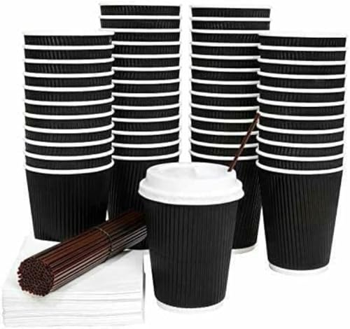 200 X 12oz Disposable Kraft Black Paper Cups and Lids for Hot and Cold Drinks, Triple Walled Ripple Cups with Lids Ideal Disposable Tableware for Takeaway Coffee Cups/Tea (200)