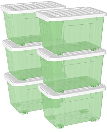Cetomo 80L*6 Storage Boxes with Wheels, Plastic Storage Box with Lid, Latching Buckles, Click Closure, Stackable, Nesting, Durable Organizer for Home Office Clothes, Clear Green, 80L-6 Pack