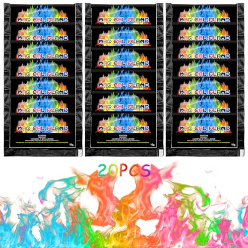 TOPJOWGA Buntes Feuerpulver, 20 x 10g Buntes Feuer, Bunte Flammen Pulver, Magic Fire Pulver Set, Feuerfarben Pulver Buntes Feuer, Neon Flames, Magical Flames für Outdoor-Events Weihnachten Party