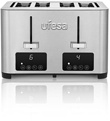 Ufesa Quartet Delux, Grille-Pain Acier Inox, 2 Écrans Digitaux LCD, 1500W, 4 Fentes Extra Large, 7 Niveaux de Grillage, Décongeler, Réchauffer