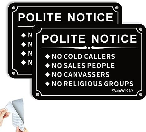 Pack of 2 Polite Notice No Cold Callers 15x10cm/5.9x3.9inches Metal Aluminum Self Adhesive UV Protected Reflector Durable Also with 4 holes for Easy Mounting