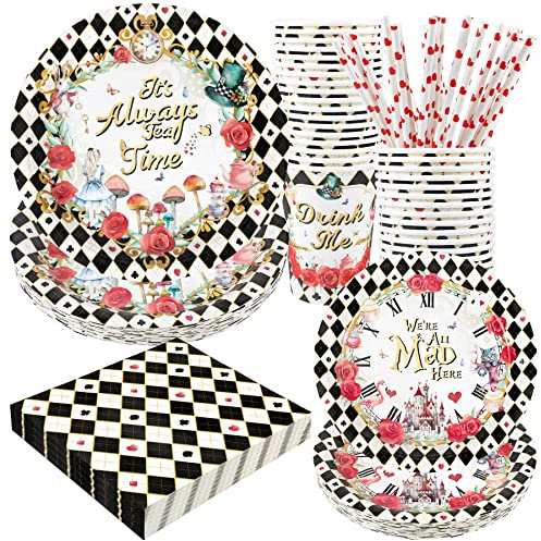 Alice Tea Party Decorations - Baby Shower Paper Plates, Napkins, Cups & Straws for 24 Guests, 120 Pcs Disposable Party Dessert Dinnerware