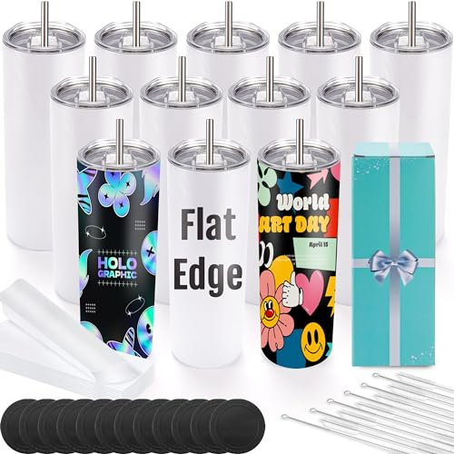 Joyclub 12 Pack Sublimation Tumblers 20 oz Bulk Blank Tumblers Skinny Straight Cups White with Lid and Straw