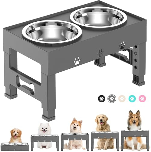 LAKIPETN Cuencos elevados para Perros con 2 Cuencos de Acero Inoxidable para Comida para Perros, 5 Alturas Ajustables, se Ajustan a 3.1 Pulgadas, 9 Pulgadas, 10 Pulgadas, 11 Pulgadas, 12 Pulgadas,