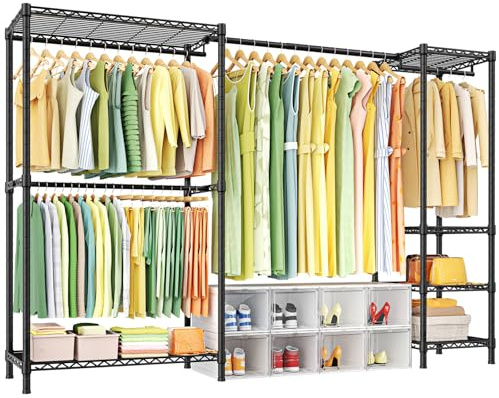 Ulif E10 Clothes Rack（With Stretchable Hanger Rod）Freestanding Clothing Racks for Hanging Clothes，Adjustable Closet Organizer System，Portable Garment Rack 73-97W x 15 D x 72 H，Max Load 800LBS，Black