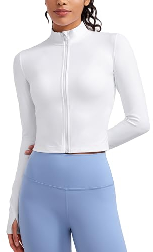 CRZ YOGA Damen Butterluxe Voller Reißverschluss Cropped Jacke Sport Pullover Slim Fit Gym Running Jacken mit Daumenloch Weiss 44