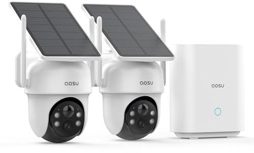 AOSU 2K Überwachungskamera Aussen Akku Solar, 2er Kamera mit HomeBase, Keine Gebühren, 360°-Schwenkkamera, 32GB Speicher, Automatische Verfolgung, Farb-Nachtsicht, 2 Wege Audio, 5G & 2.4G WLAN