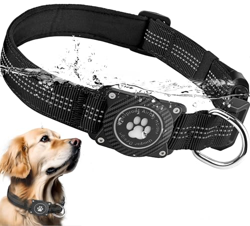 Ytanest Leuchtend Airtag Hundehalsband, Verstellbar Wasserdicht Apple Air Tag Halter Halsband Reflektierend für Kleine Mittler Große Hund, Schwarz, L