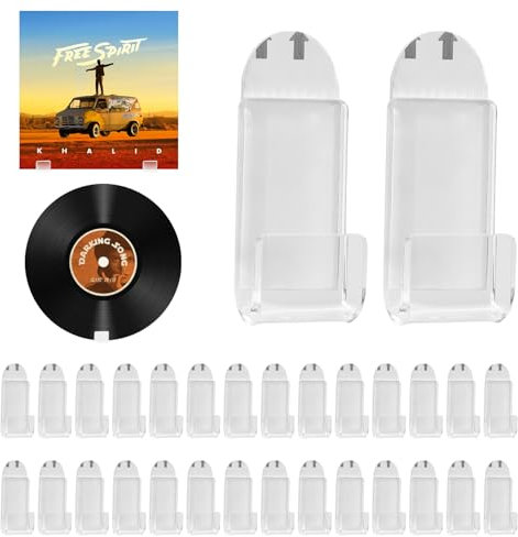 Dedjgoo 30 vinyl record wall mounted display racks without screws, self-adhesive transparent acrylic vinyl record hangers, used for album cover display and home wall decoration