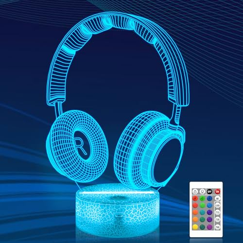 CooPark 3D Headphone Night Light, Headset Illusion Optical Hologram Bedside LED Lamp with16 Color Changing Remote Control Dimmable Timer, Gamer Bedroom Table Decor Birthday Gift for Kid Boy Teen Men