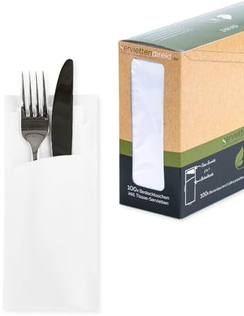 PRIME GUEST Bestecktasche, Serviettentaschen 85x190mm mit 2-lagiger Tissue-Serviette in Weiß ideal für Gastronomie und Feiern (Weiß, 100 Stück)