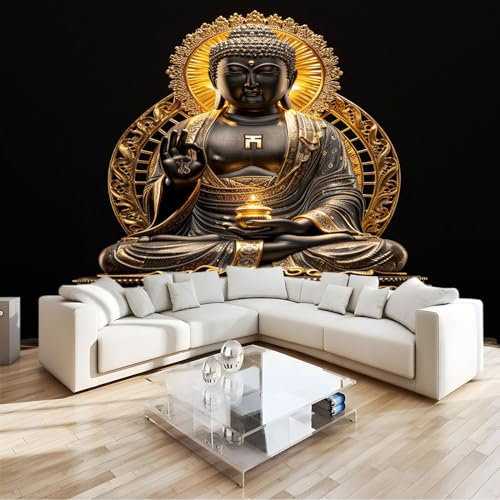 Noir Papier Peint Intissé Méditation En Relief Doré 3D Écologique Fresque Murale Contemporaine, Pour Salon Chambre Bureau Couloir Décoration Intérieure - Résistante & Installation Express 350 X 256 Cm