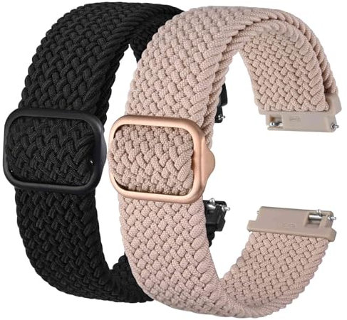 BISONSTRAP 2 Pièces Bracelets de Montre en Nylon Tressé, Boucle Réglable Améliorée, Sangles Sport Élastique pour Homme et Femme, 22mm, Noir+Rose
