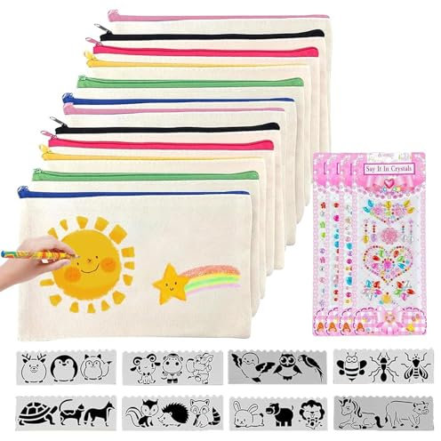 12 Stück DIY Blanko Stoffbeutel, Stoff Federmäppchen mit 8 Vorlagen und 4 Aufklebern, Taschen Zum Bemalen Kinder Mäppchen, Kosmetiktasche Klein Stoffbeutel zum Bemalen, Dokumententasche, 21 x 12 cm