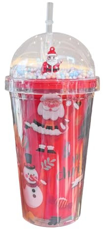 Christmas Tumbler Glitter Cup with Straw and Lid, Double Wall Tumbler Drinking Cup, Reusable Water Cups, Coffee Mug Santa Drinkware Cup, for Christmas Party Girls Boys Gift Table Decoration (Red A)