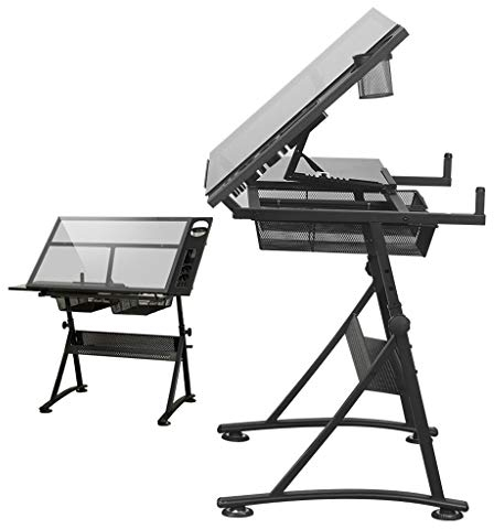 KOHARA Neigbarer Zeichentisch, Verstellbarer Kunsttisch, Mit Aufbewahrungs-Basteltisch, Zeichentisch Glasplatte, Zeichentisch
