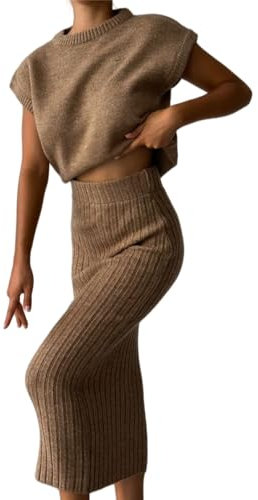 HGKPFGTG Braun,S, 2-Teiliges Pullover-Rock-Set Für Damen Ärmelloses Rundhals-Top Figurbetontes Midi-Rock-Strickset