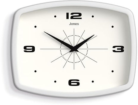 JONES CLOCKS® Film wanduhr | Retro rechteckige Uhr | 25cm | Weiß | Cooler midcentury designerlook für küche, Wohnzimmer oder büro