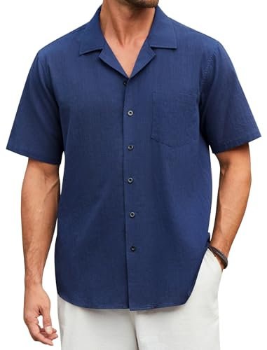 Enlision Mens Shirts Short Sleeve Navy Blue Linen Casual Summer Button Down Smart Shirt for Men with Pocket Regular Fit 2XL