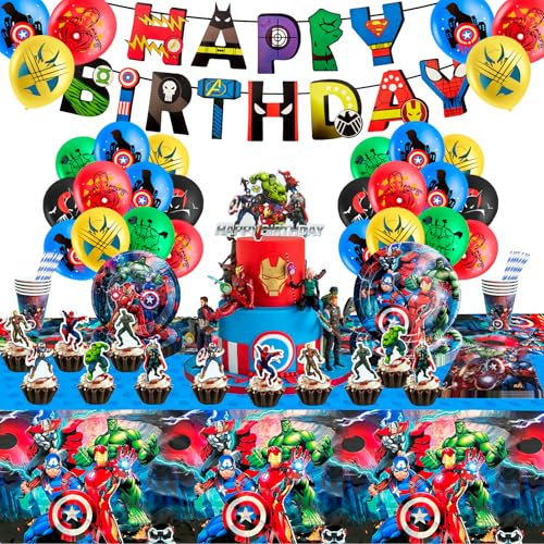 Party Decorations Tableware, 107pcs Super Party Birthday Decoration, Hero Cake Topper Balloons Party Bags Heroes Party Tableware Supplies-Plates, Table Cloth, Banner, Wrapping Paper, Napkins, Cups