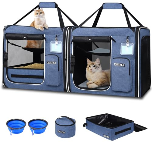 Petskd 2 in 1 Double Cat Car Travel Carrier with Litter Box, 38x17x18 Portable Dual Extra Large Cat Carrier for Multiple Cats with Zipper Locks for Moving Across The Country