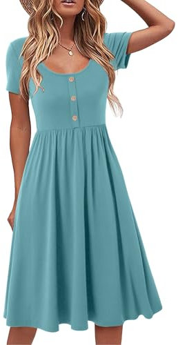 Beluring Tunika Kleid Damen Kurzarm Sommerkleider Lässig Rundhals Midikleid Einfarbig Kleider mit Taschen Blau S