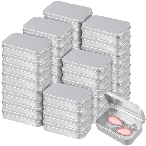 KEILEOHO 50pcs Small Hinged Tin Box, 94x61x20mm Rectangular Metal Storage Tins for Candies Key, Silver