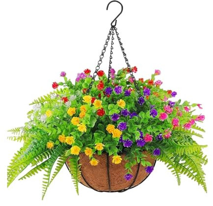 Paniers Artificiels à Suspendre, Fleurs Artificielles Suspendues Dans Un Panier, Bouquet Artificiel, Panier à Suspendre Avec Pot Fleurs Décoration de Plantes Artificielles D'extérieur pour Jardin Cour