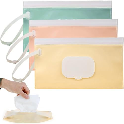 MIRKUZI Boxen für Babypflegetücher 3er-Pack Wischtuchspender, tragbare, nachfüllbare Wischtuchbehälter, wiederverwendbare Reise-Wischtuchspender, wasser- und staubdicht (Rosa, Grün und Beige)