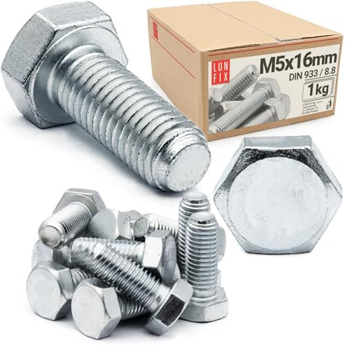 Viti esagonali M5 x 16 mm, 1 kg (circa 290 pezzi) DIN 933, filettatura completa in acciaio zincato, viti filettate con testa esagonale