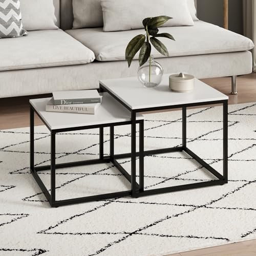 Home Collective Couchtisch 2er Set quadratisch aus Holz, Wohnzimmertisch Modern, Beistelltisch Set 2 in 1 mit Metallgestell für Wohnzimmer Büro Beistelltisch Loft Design Twin | Weiß