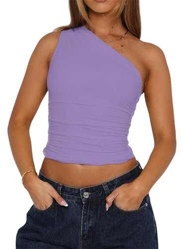 TiulZial Damen eine Schulter Ausgehen Crop Tank Tops Slim Fit ärmellose Shirts Y2k Cute Top(Light Purple,S)