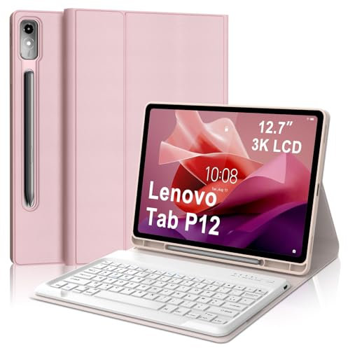 Occtingkind Coque Clavier pour Lenovo Tab P12 12.7 Pouces, AZERTY Français Housse Clavier Bluetooth Magnétique Détachable avec Porte Crayon pour Tablette Lenovo Tab P12 12.7 2023 (TB370FU), Rose